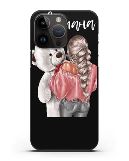 Именной чехол Девушка с плюшевым белым медведем силиконовый для iPhone 14 Pro Max