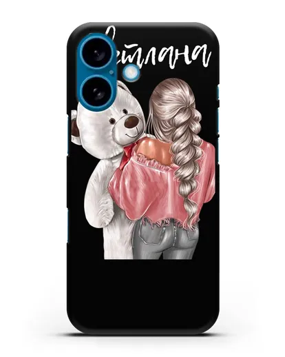 Именной чехол Девушка с плюшевым белым медведем силиконовый для iPhone 16