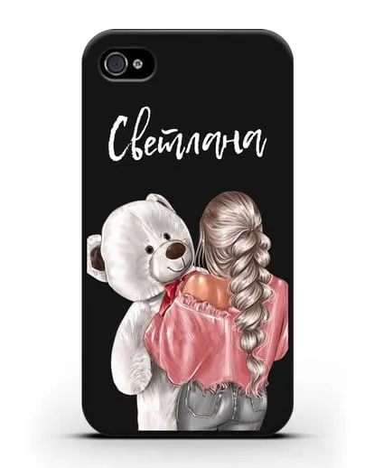 Именной чехол Девушка с плюшевым белым медведем силиконовый для iPhone 4/4s
