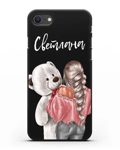 Именной чехол Девушка с плюшевым белым медведем силиконовый для iPhone SE 2020