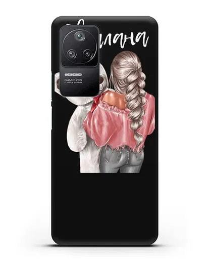 Именной чехол Девушка с плюшевым белым медведем силиконовый для Xiaomi Poco F4