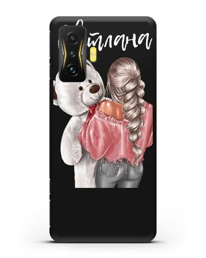 Именной чехол Девушка с плюшевым белым медведем силиконовый для Xiaomi Poco F4 GT