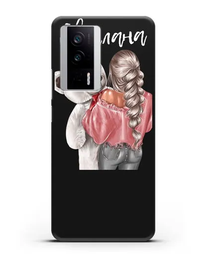 Именной чехол Девушка с плюшевым белым медведем силиконовый для Xiaomi Poco F5 Pro