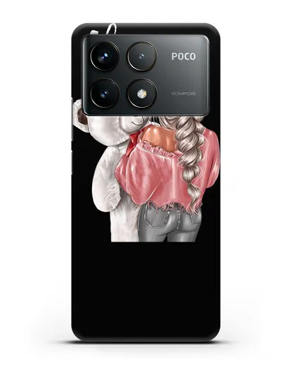 Именной чехол Девушка с плюшевым белым медведем силиконовый для Xiaomi Poco F6 Pro