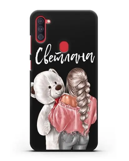 Именной чехол Девушка с плюшевым белым медведем силиконовый для Samsung Galaxy A11 [SM-A115F]