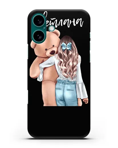 Именной чехол Девушка с плюшевым медведем силиконовый для iPhone 16 Plus