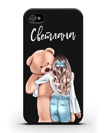 Именной чехол Девушка с плюшевым медведем силиконовый для iPhone 4/4s