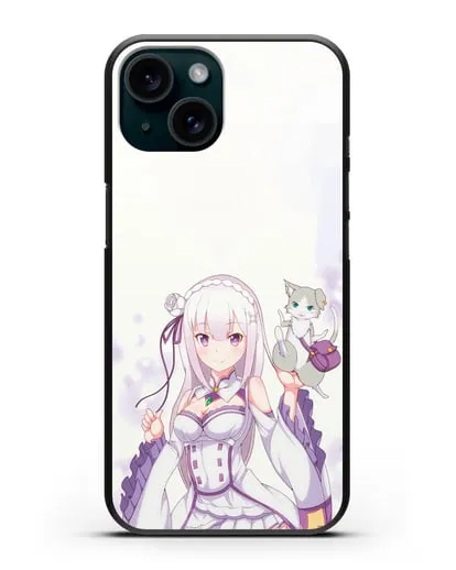 Чехол аниме Re:zero жизнь с нуля - Эмилия и Пак силиконовый для iPhone 15
