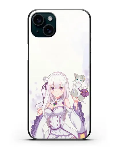 Чехол аниме Re:zero жизнь с нуля - Эмилия и Пак силиконовый для iPhone 15 Plus