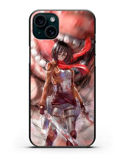 Чехол аниме Атака Титанов - Микаса против титана силиконовый для iPhone 15 Plus