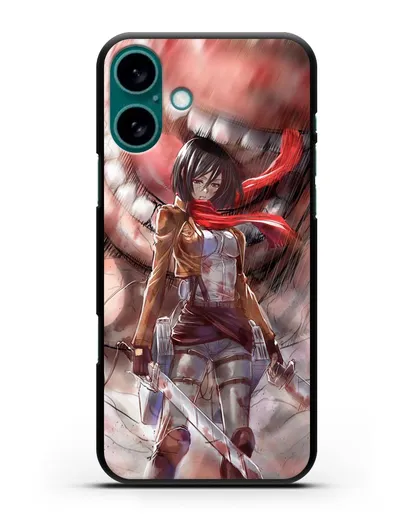 Чехол аниме Атака Титанов - Микаса против титана силиконовый для iPhone 16 Plus