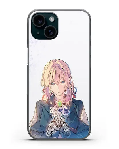 Чехол аниме Вайолет Эвергарден - Вайолет с цветами силиконовый для iPhone 15