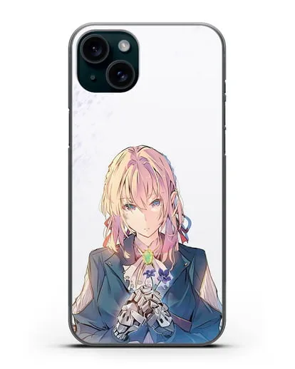 Чехол аниме Вайолет Эвергарден - Вайолет с цветами силиконовый для iPhone 15 Plus