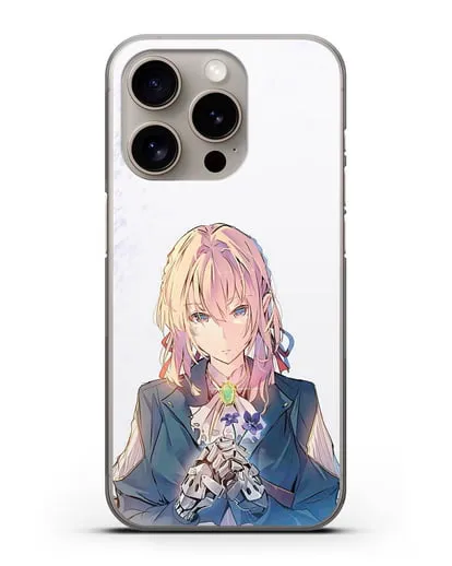 Чехол аниме Вайолет Эвергарден - Вайолет с цветами силиконовый для iPhone 15 Pro