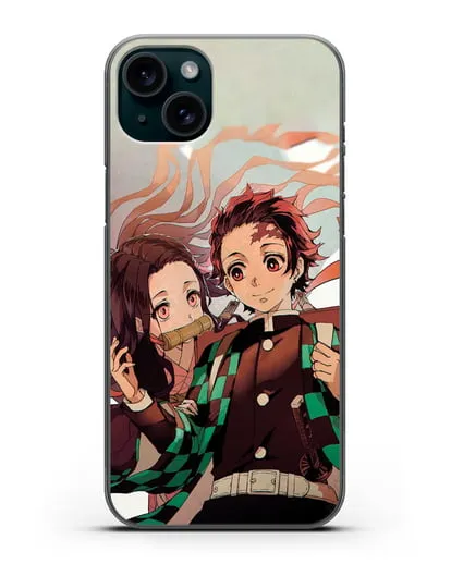 Чехол аниме Клинок рассекающий демонов - Незуко и Танжиро силиконовый для iPhone 15 Plus