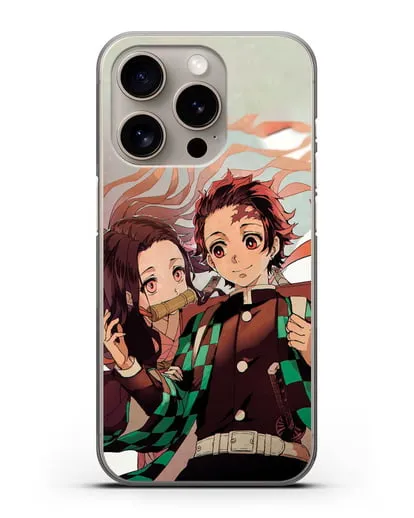 Чехол аниме Клинок рассекающий демонов - Незуко и Танжиро силиконовый для iPhone 15 Pro