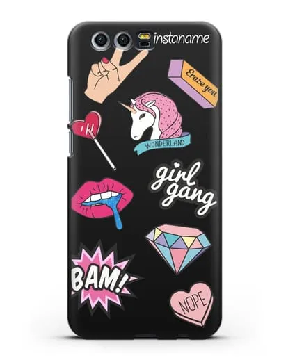 Именной чехол со стикерами Единорог, губы, бриллиант силиконовый для Honor 9
