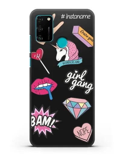 Именной чехол со стикерами Единорог, губы, бриллиант силиконовый для Honor 9A