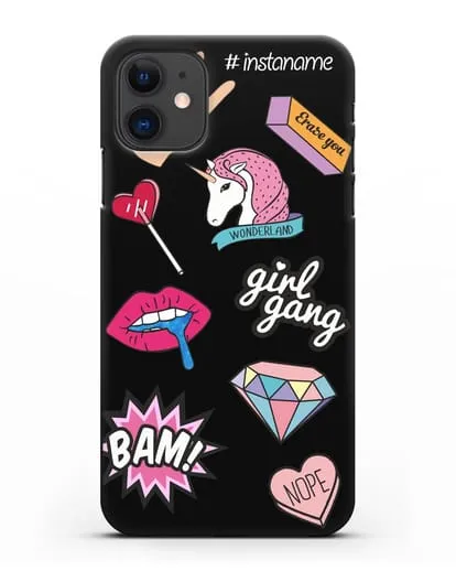 Именной чехол со стикерами Единорог, губы, бриллиант силиконовый для iPhone 11