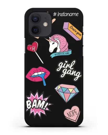 Именной чехол со стикерами Единорог, губы, бриллиант силиконовый для iPhone 12