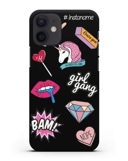Именной чехол со стикерами Единорог, губы, бриллиант силиконовый для iPhone 12 mini