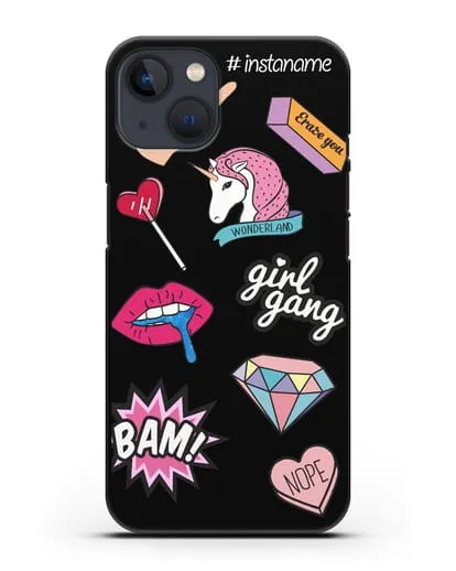 Именной чехол со стикерами Единорог, губы, бриллиант силиконовый для iPhone 13 Mini