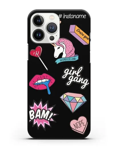 Именной чехол со стикерами Единорог, губы, бриллиант силиконовый для iPhone 13 Pro Max