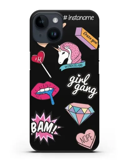 Именной чехол со стикерами Единорог, губы, бриллиант силиконовый для iPhone 14