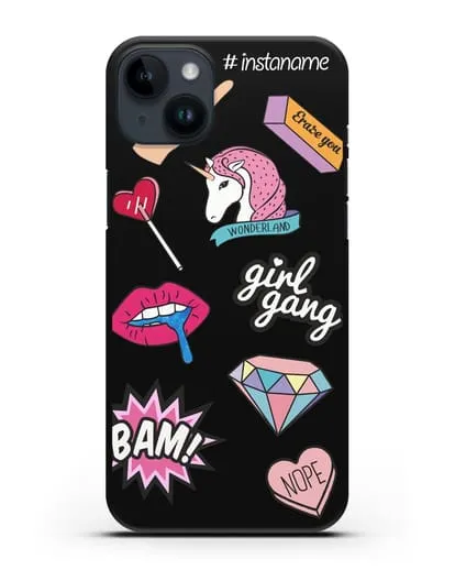 Именной чехол со стикерами Единорог, губы, бриллиант силиконовый для iPhone 14 Plus