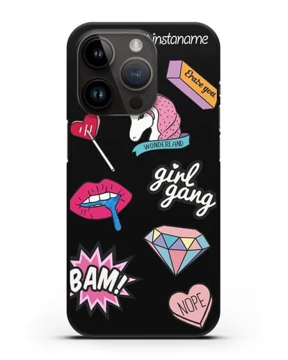Именной чехол со стикерами Единорог, губы, бриллиант силиконовый для iPhone 14 Pro