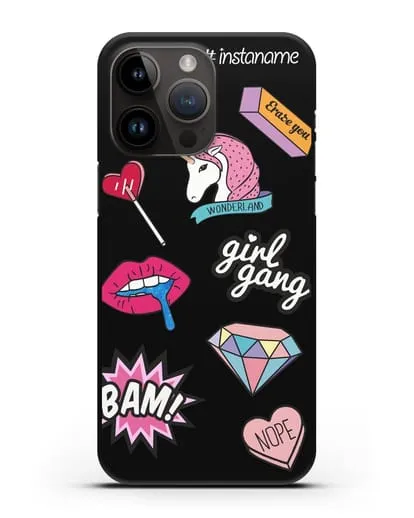 Именной чехол со стикерами Единорог, губы, бриллиант силиконовый для iPhone 14 Pro Max