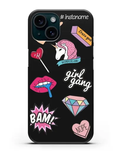 Именной чехол со стикерами Единорог, губы, бриллиант силиконовый для iPhone 15