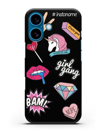 Именной чехол со стикерами Единорог, губы, бриллиант силиконовый для iPhone 16