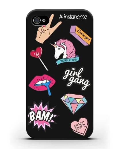 Именной чехол со стикерами Единорог, губы, бриллиант силиконовый для iPhone 4/4s
