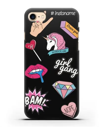 Именной чехол со стикерами Единорог, губы, бриллиант силиконовый для iPhone 8