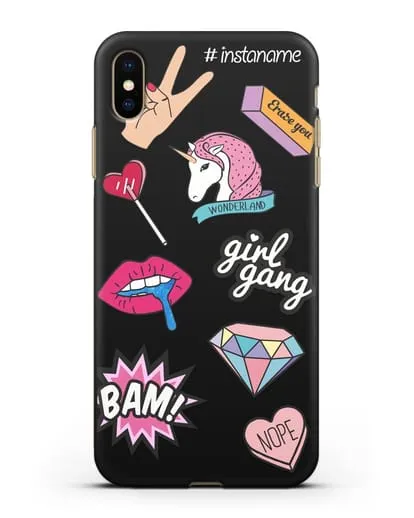 Именной чехол со стикерами Единорог, губы, бриллиант силиконовый для iPhone XS Max