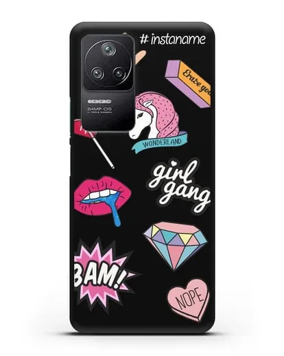 Именной чехол со стикерами Единорог, губы, бриллиант силиконовый для Xiaomi Poco F4