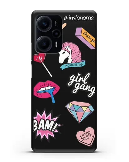 Именной чехол со стикерами Единорог, губы, бриллиант силиконовый для Xiaomi Poco F5