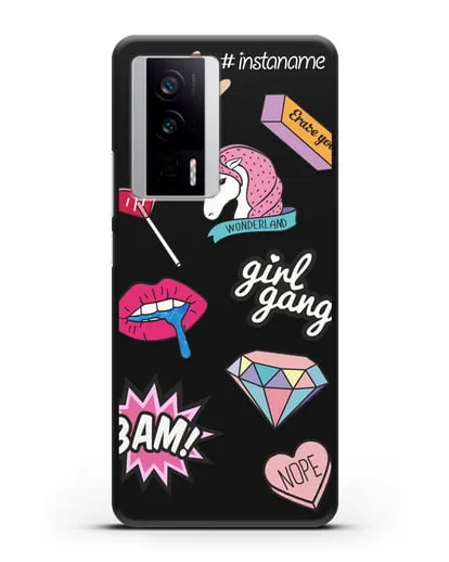 Именной чехол со стикерами Единорог, губы, бриллиант силиконовый для Xiaomi Poco F5 Pro