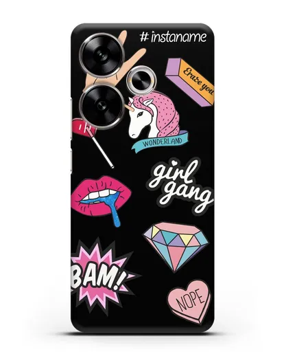 Именной чехол со стикерами Единорог, губы, бриллиант силиконовый для Xiaomi Poco F6