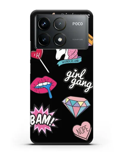 Именной чехол со стикерами Единорог, губы, бриллиант силиконовый для Xiaomi Poco F6 Pro