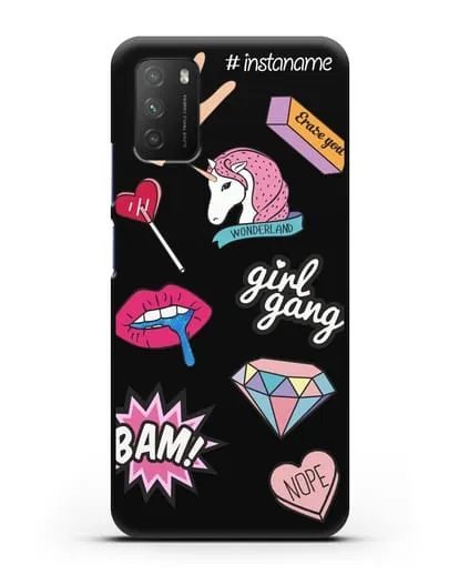 Именной чехол со стикерами Единорог, губы, бриллиант силиконовый для Xiaomi Poco M3