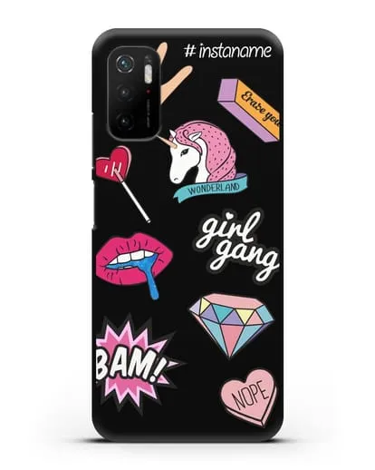 Именной чехол со стикерами Единорог, губы, бриллиант силиконовый для Xiaomi Poco M3 Pro