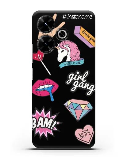 Именной чехол со стикерами Единорог, губы, бриллиант силиконовый для Xiaomi Poco M6