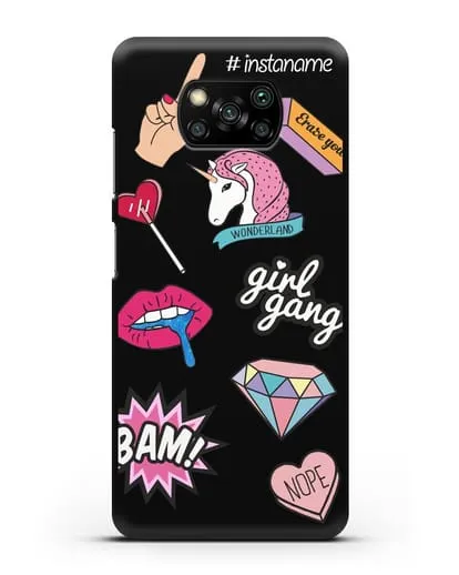 Именной чехол со стикерами Единорог, губы, бриллиант силиконовый для Xiaomi Poco X3