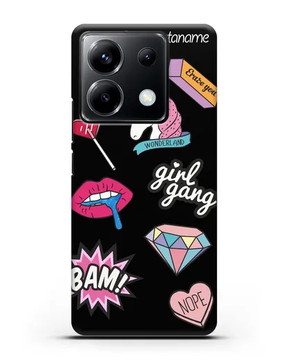 Именной чехол со стикерами Единорог, губы, бриллиант силиконовый для Xiaomi Poco X6