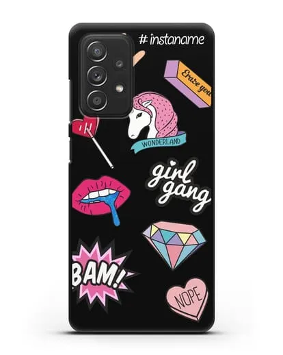 Именной чехол со стикерами Единорог, губы, бриллиант силиконовый для Samsung Galaxy A53