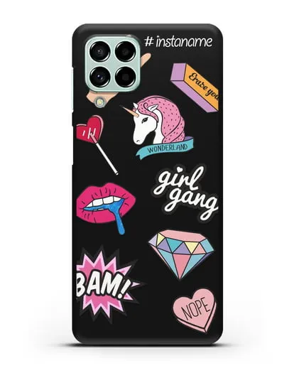 Именной чехол со стикерами Единорог, губы, бриллиант силиконовый для Samsung Galaxy M53 [SM-M536]