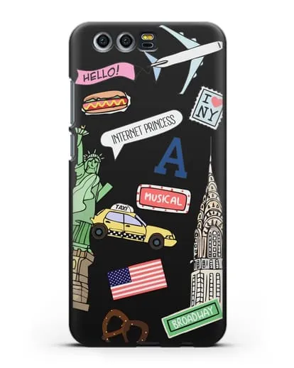 Чехол со стикерами Нью-Йорк, статуя Свободы, желтое такси силиконовый для Honor 9