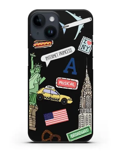 Чехол со стикерами Нью-Йорк, статуя Свободы, желтое такси силиконовый для iPhone 14
